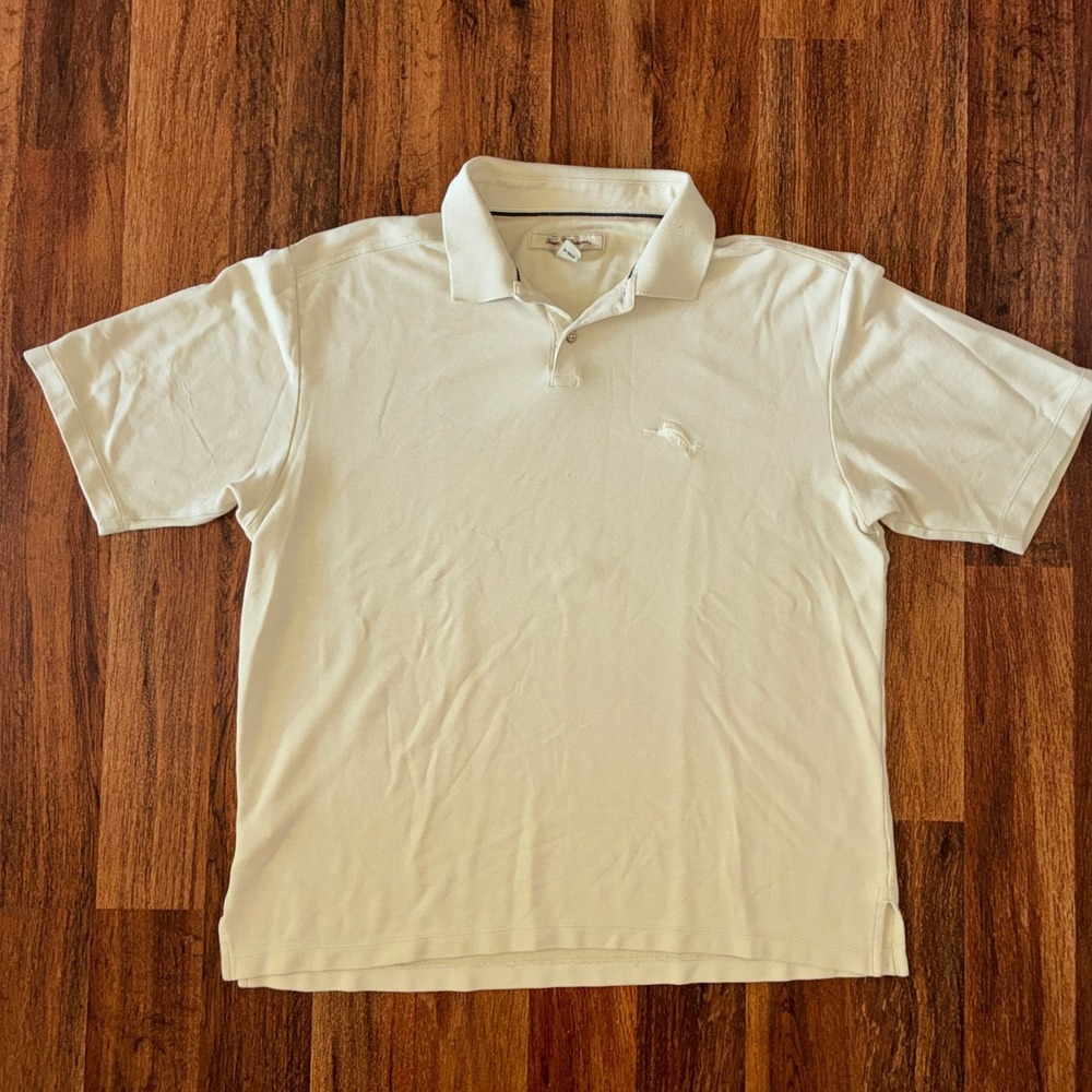 Tommy Bahama Mens XL Cream Pima Cotton Blend Short Sleeve Polo Shirt Marlin Logo